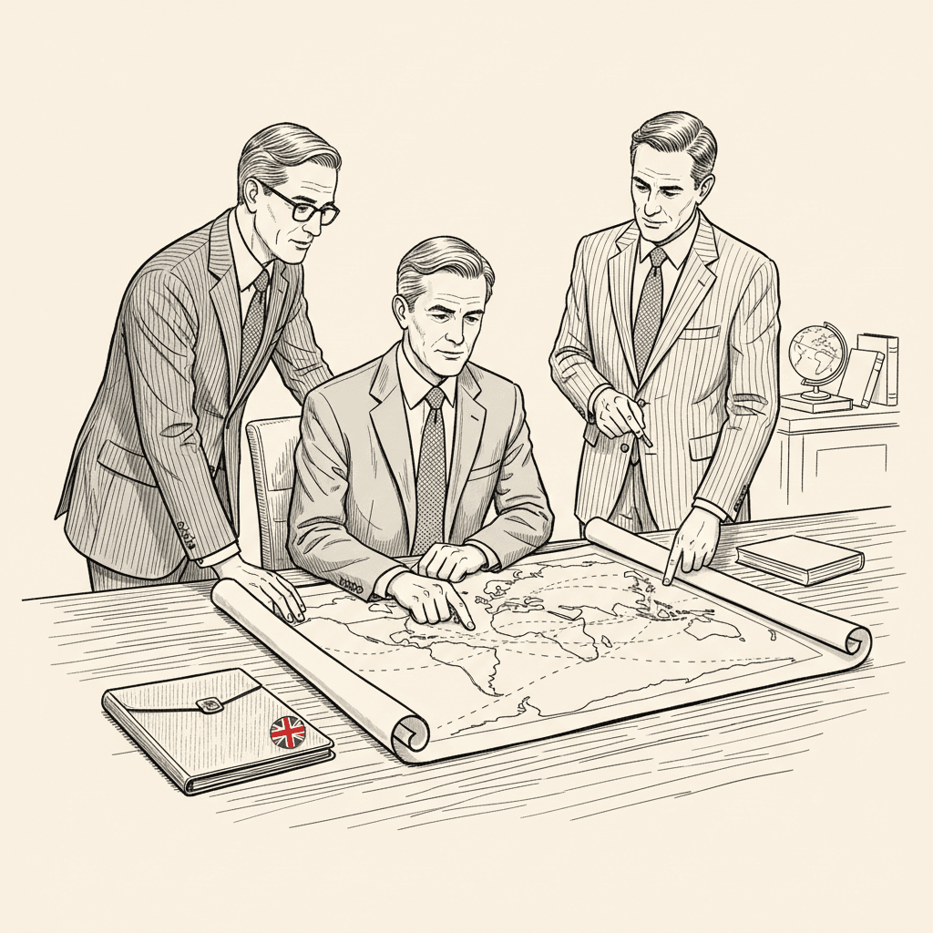 Pen-and-ink illustration of a small UK business leader studying a world map with diplomats, with a small Union Jack as the only coloured element