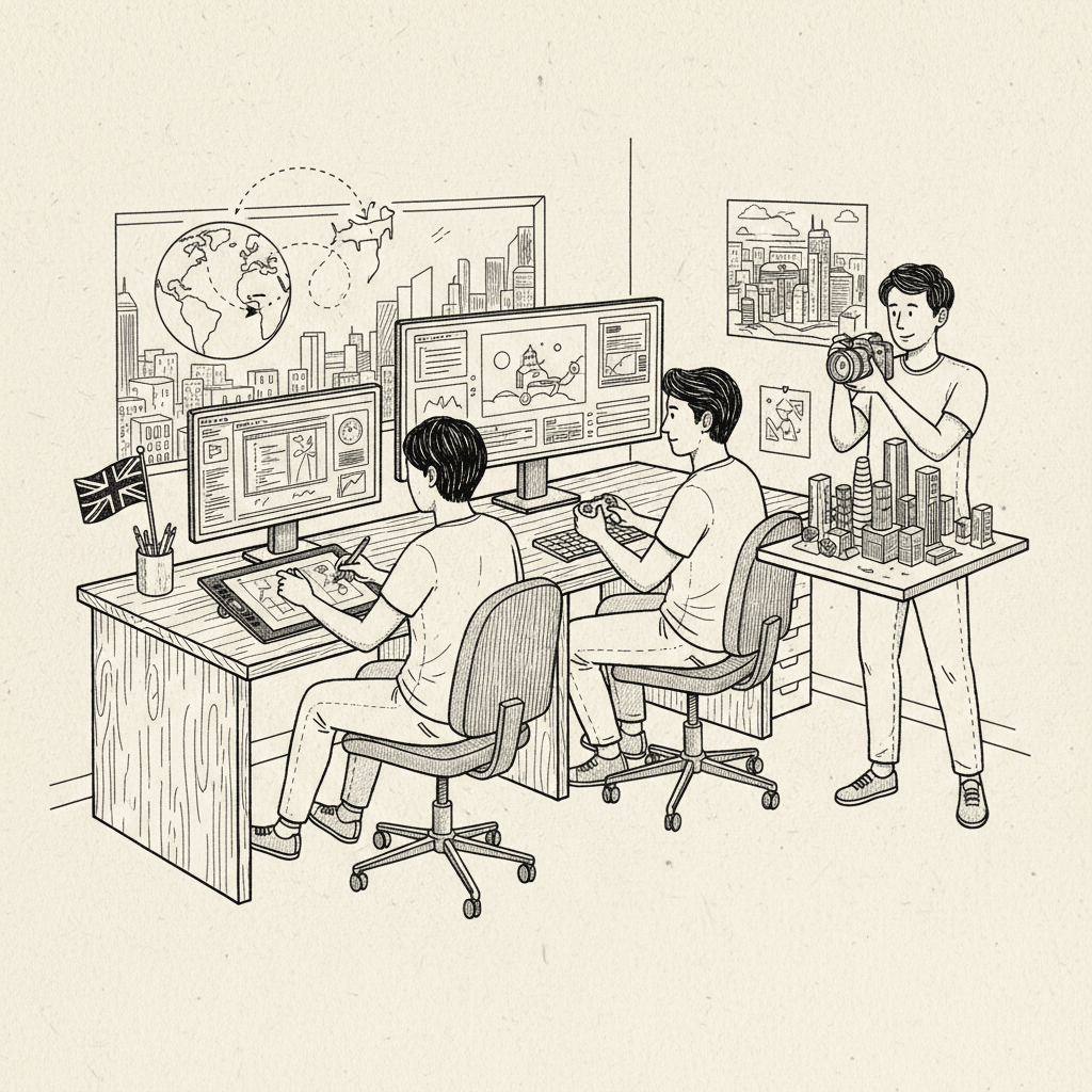 Pen-and-ink illustration of a small creative business team preparing to export digital work, with a small Union Jack as the only coloured element