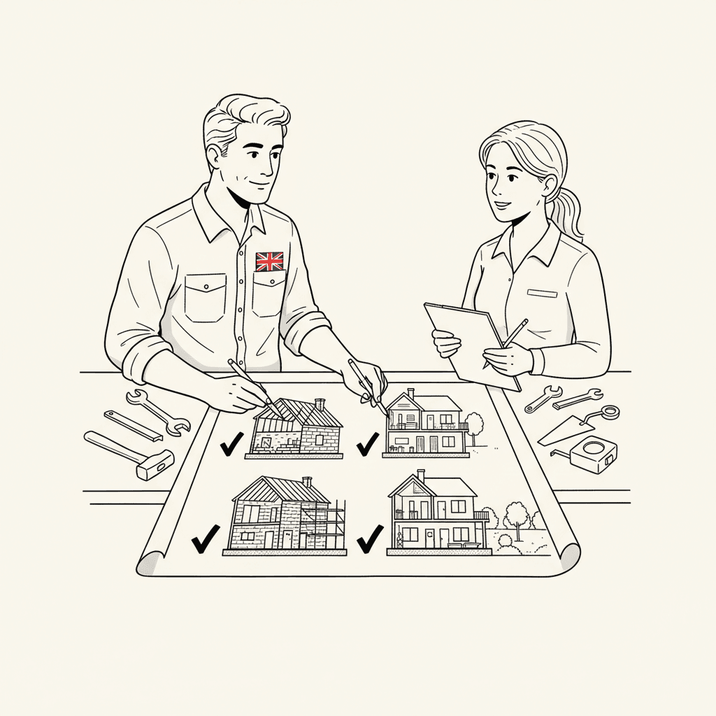 Pen-and-ink illustration of a small building firm reviewing project milestones with a customer, with a small Union Jack as the only coloured element