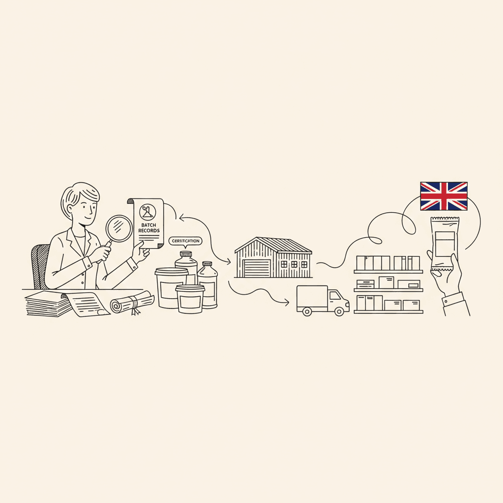 Pen-and-ink illustration of a small packaging business checking recycled plastic records and supply-chain documents, with a small Union Jack as the only coloured element