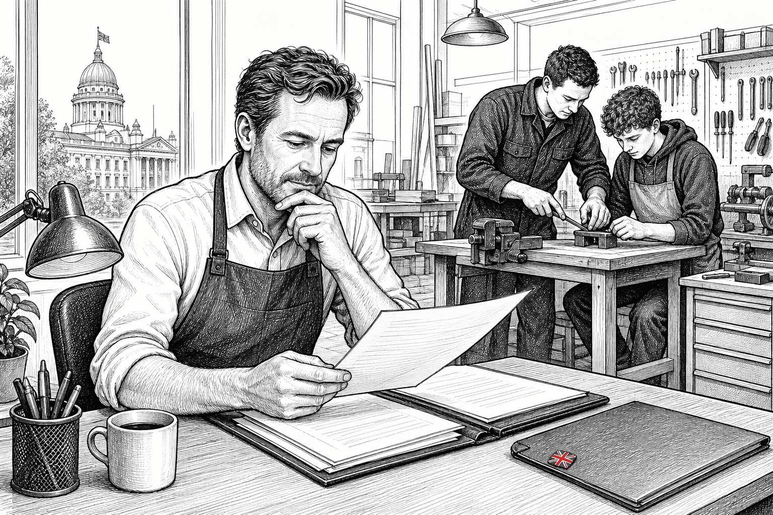 Pen-and-ink illustration of a small British business owner reviewing a public contract bid with local jobs and training symbols, with a small tucked-away Union Jack as the only coloured element
