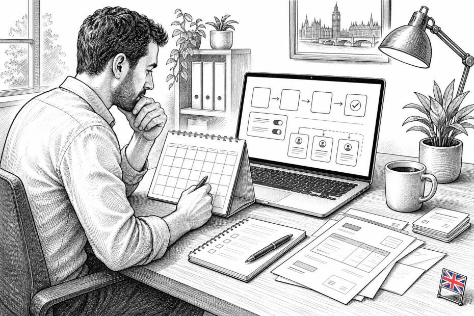 Pen-and-ink illustration of a small UK business owner reviewing a subscription renewal calendar and cancellation checklist, with a small tucked-away Union Jack as the only coloured element