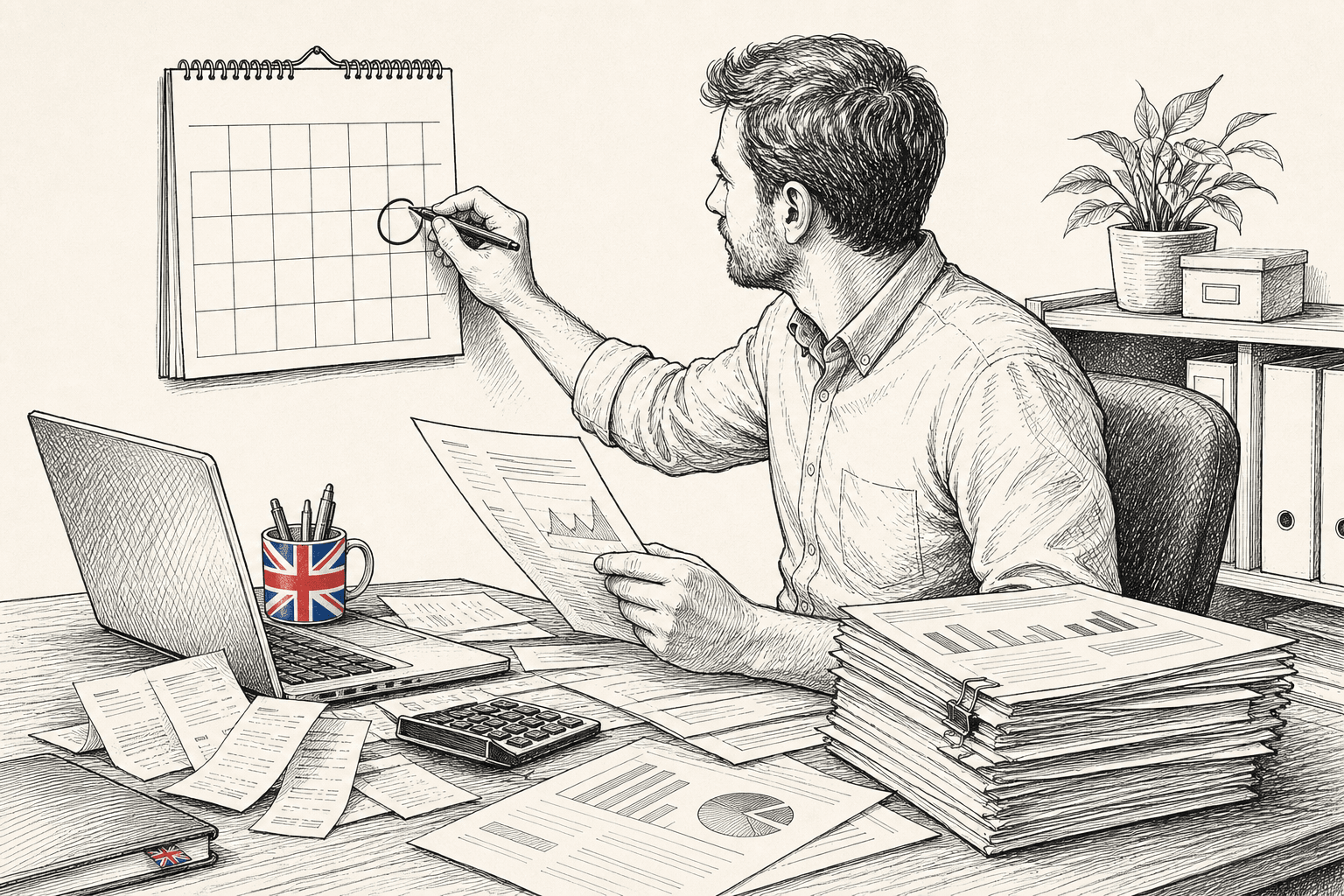 Pen-and-ink illustration of a small business owner marking the October Budget date on a desk calendar, with a small Union Jack as the only coloured element