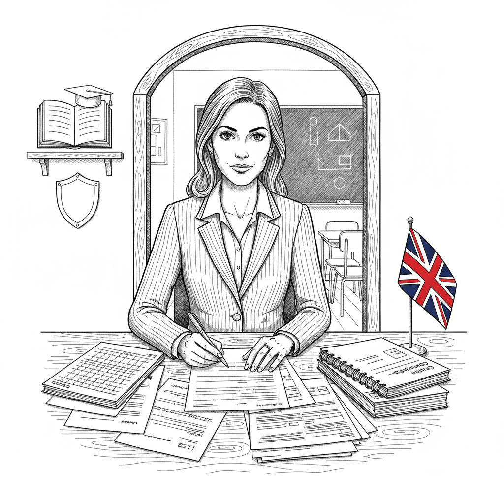 Pen-and-ink illustration of an independent education provider reviewing VAT records, with a small Union Jack as the only coloured element