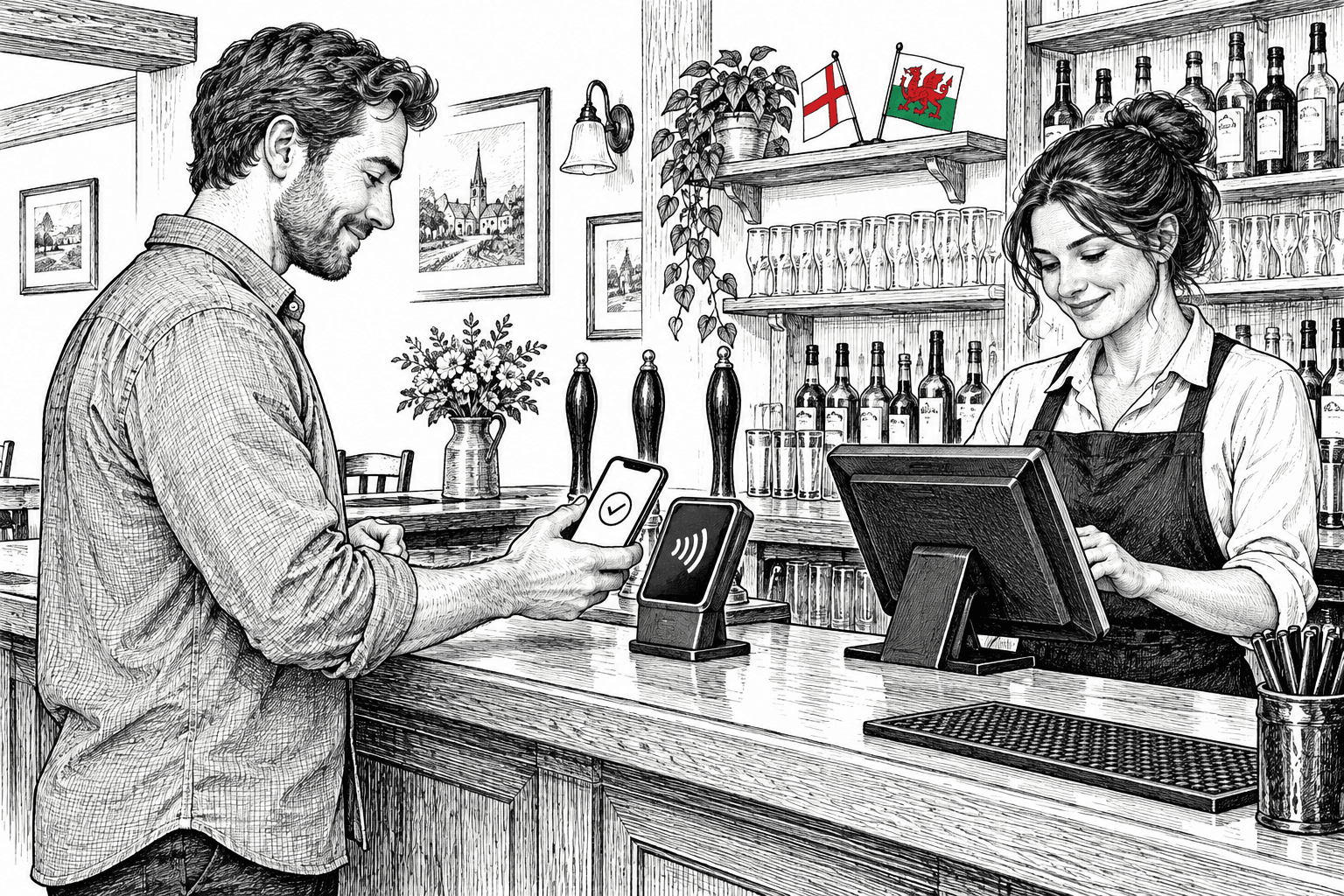 Pen-and-ink illustration of a pub customer using a phone beside a verification reader, with small English and Welsh flags