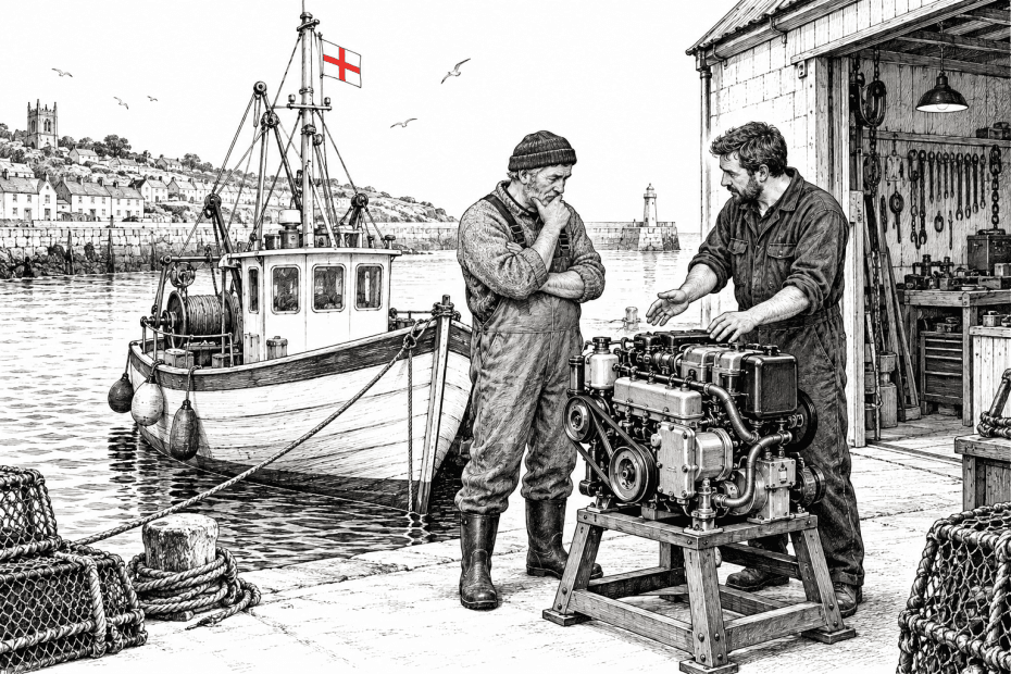 Pen-and-ink illustration of a fishing boat owner and mechanic discussing a marine engine beside an English harbour, with a small St George flag