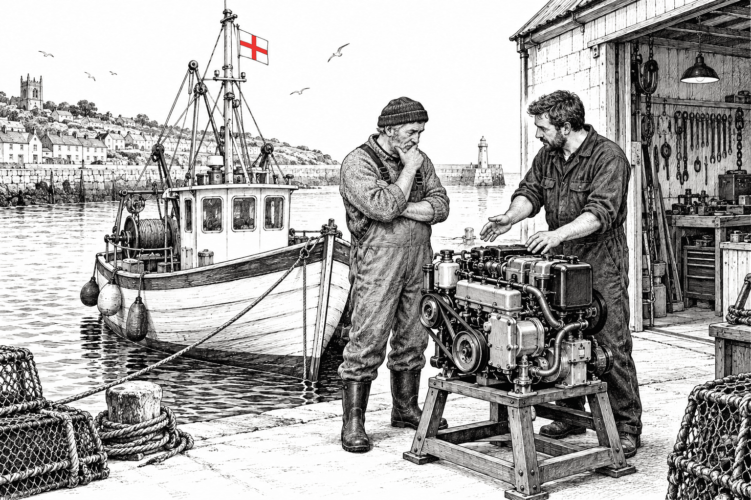 Pen-and-ink illustration of a fishing boat owner and mechanic discussing a marine engine beside an English harbour, with a small St George flag