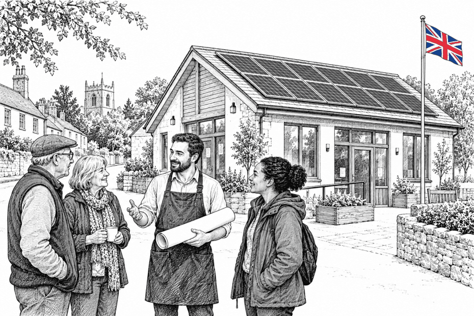 Pen-and-ink illustration of local people discussing a community building with rooftop solar panels, with a small Union Jack