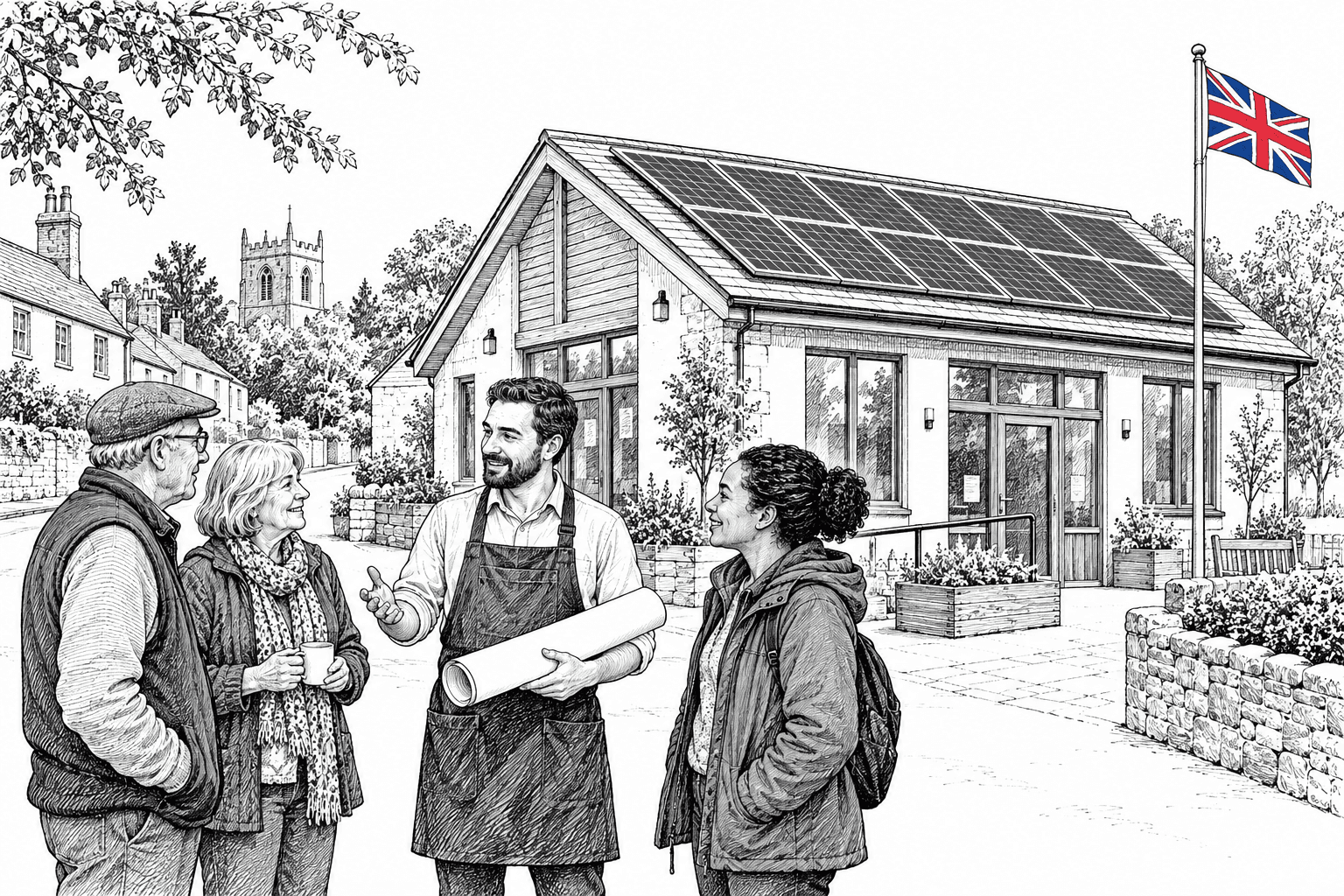 Pen-and-ink illustration of local people discussing a community building with rooftop solar panels, with a small Union Jack