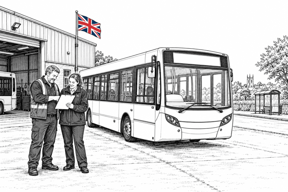 Pen-and-ink illustration of an independent bus depot and two people reviewing a clipboard, with a small Union Jack