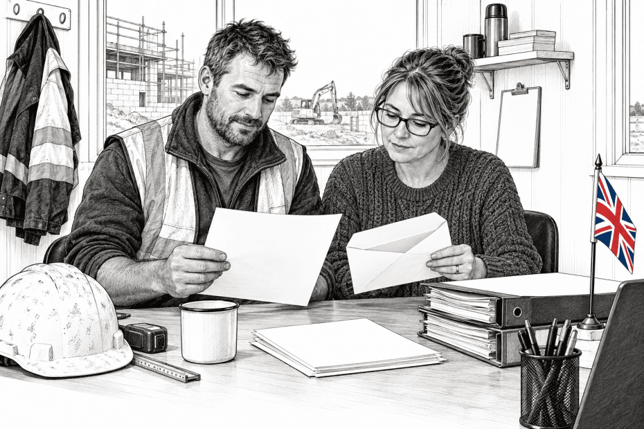 Pen-and-ink illustration of a building contractor and bookkeeper reviewing papers in a site office, with a small Union Jack