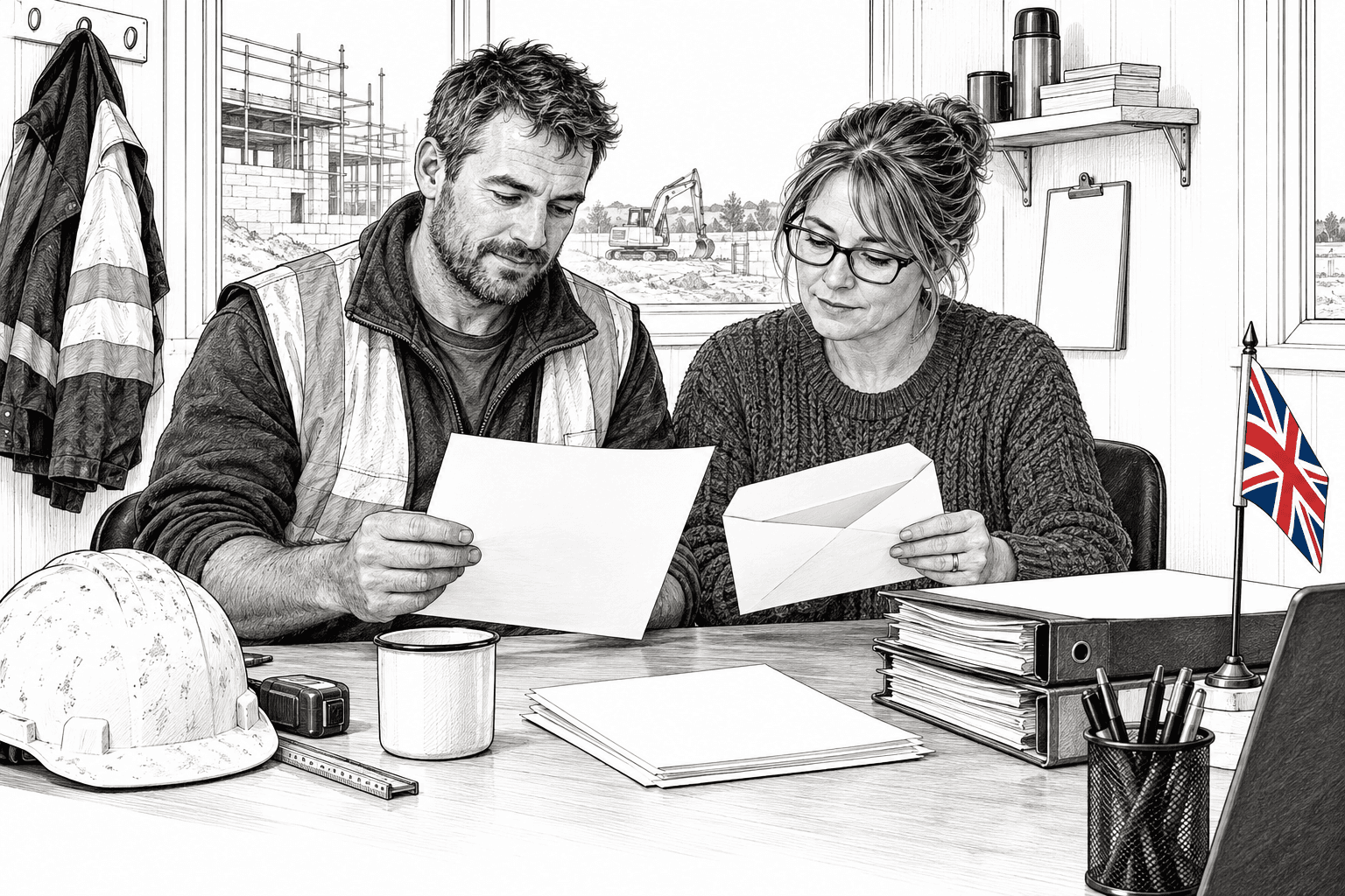 Pen-and-ink illustration of a building contractor and bookkeeper reviewing papers in a site office, with a small Union Jack