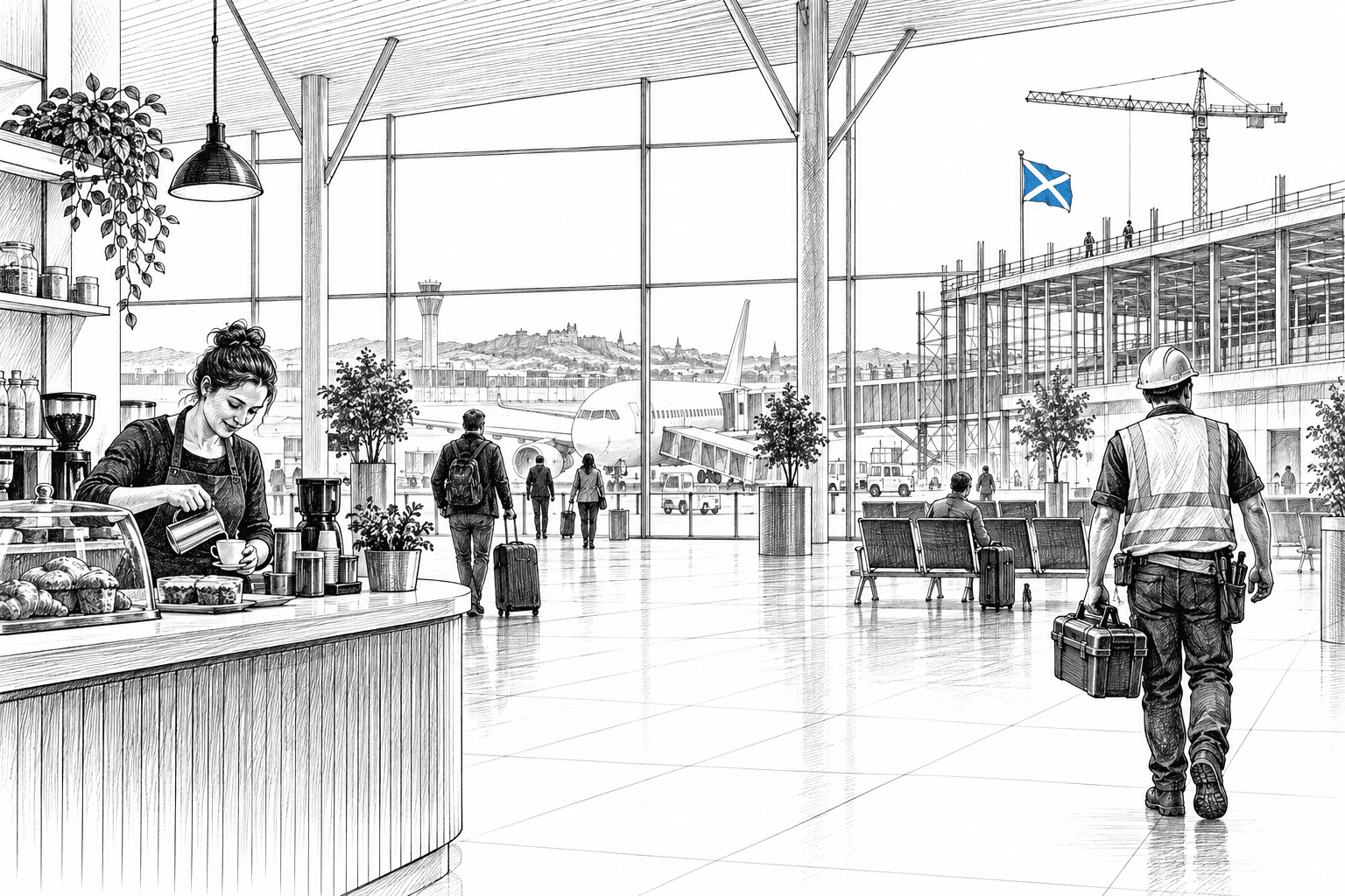 Pen-and-ink illustration of an airport terminal expansion, a small cafe and a tradesperson, with a small Scottish Saltire