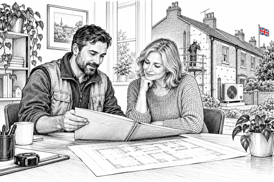 Pen-and-ink illustration of a small home upgrade installer reviewing a project folder with a customer, with a small Union Jack
