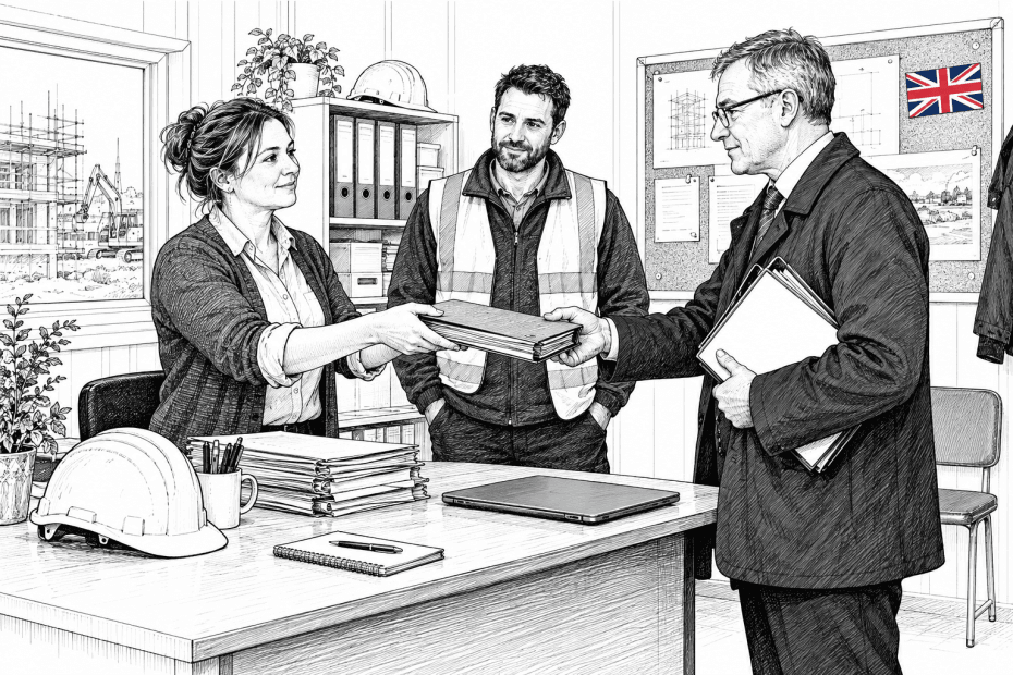 Pen-and-ink illustration of a small construction firm handing a project folder to a visiting official, with a small Union Jack in the background