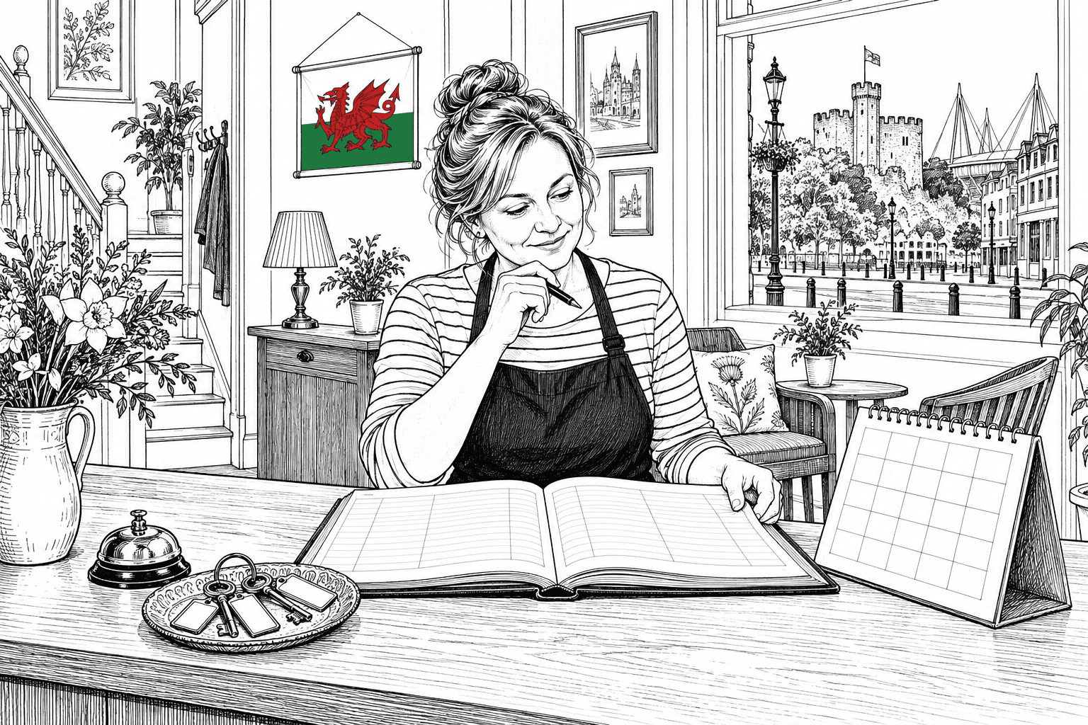 Pen-and-ink illustration of a Cardiff guesthouse owner reviewing blank booking records, with a small Welsh flag as the only coloured detail