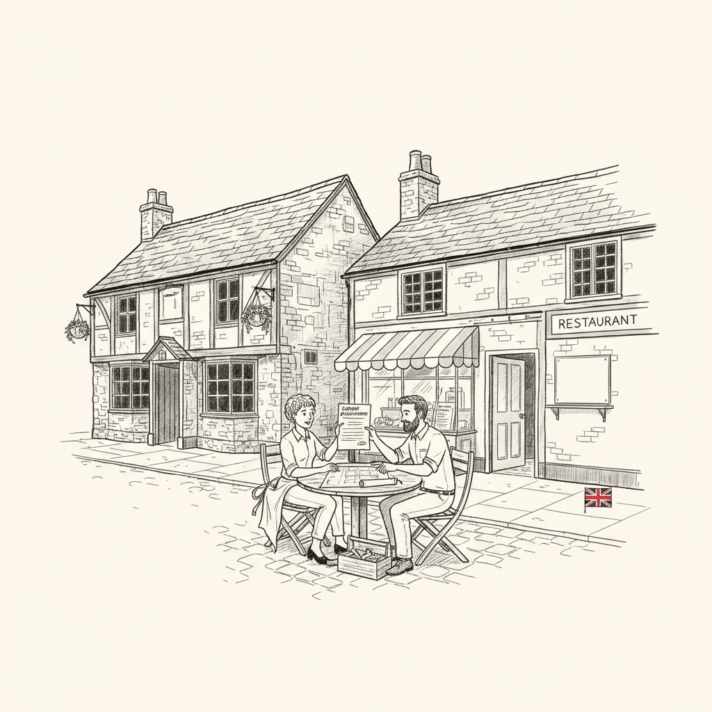 Pen-and-ink illustration of an independent pub, café and restaurant preparing a grant application, with a small Union Jack as the only coloured element