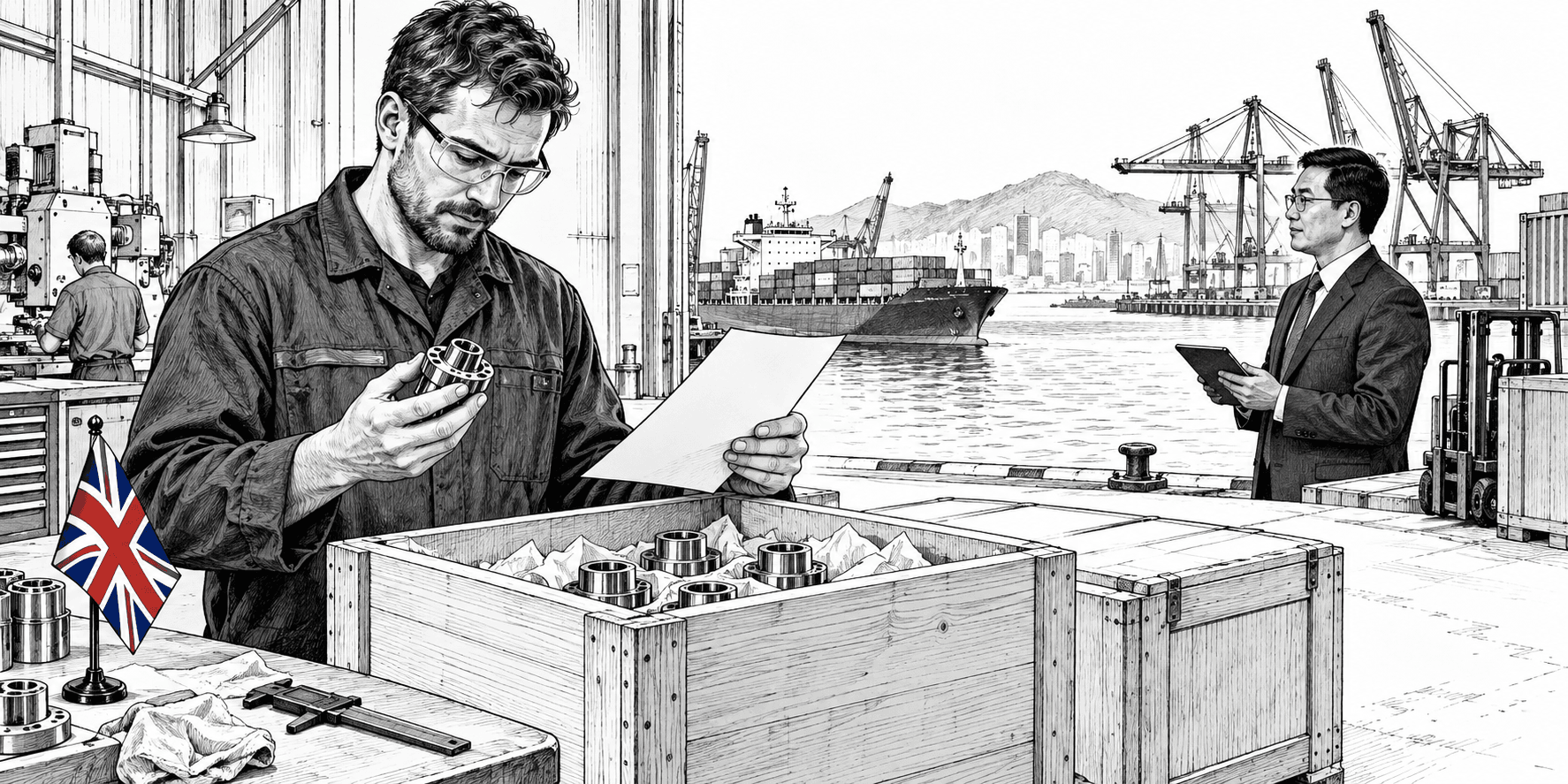 Pen-and-ink illustration of a UK engineering supplier checking an export crate beside a port, with a small Union Jack as the only coloured detail