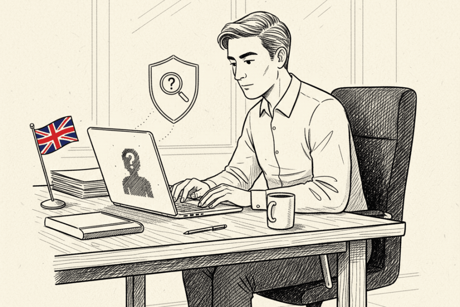 Pen-and-ink illustration of a small business hiring manager reviewing a suspicious interview app on a laptop, with a small Union Jack as the only coloured element