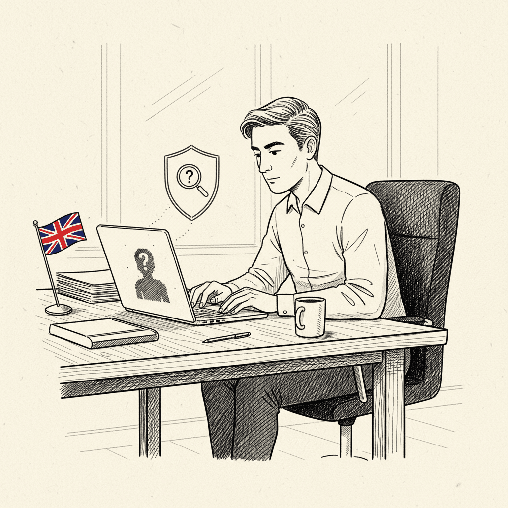 Pen-and-ink illustration of a small business hiring manager reviewing a suspicious interview app on a laptop, with a small Union Jack as the only coloured element