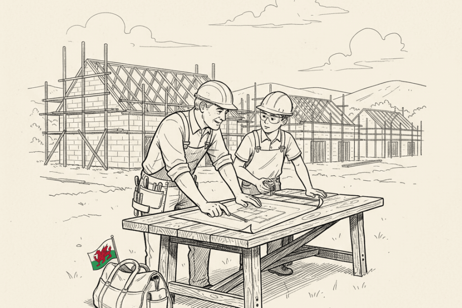 Pen-and-ink illustration of a small Welsh construction firm training a young worker on a building site, with a small Welsh flag as the only coloured element