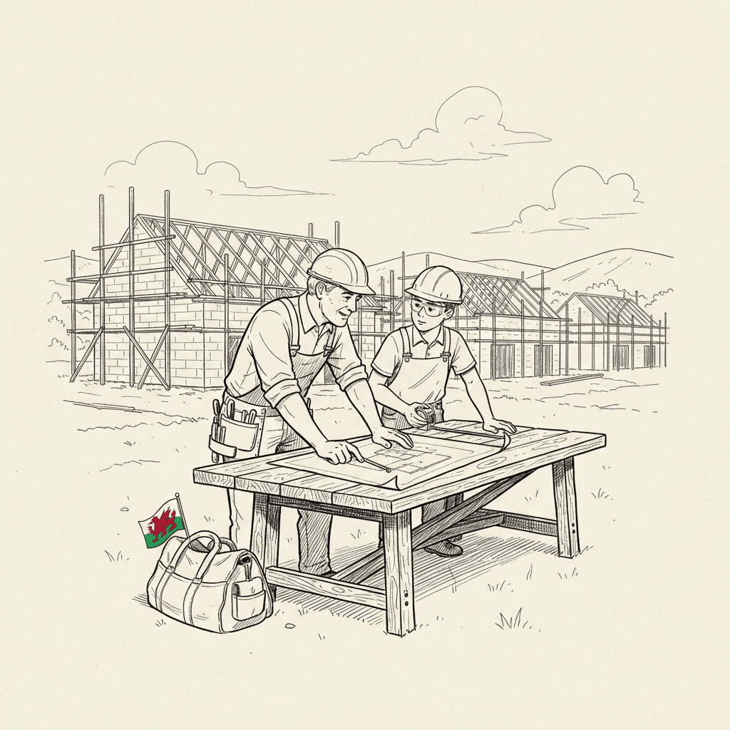 Pen-and-ink illustration of a small Welsh construction firm training a young worker on a building site, with a small Welsh flag as the only coloured element