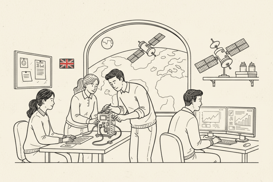 Pen-and-ink illustration of a small British technology team working on satellite systems, with a small Union Jack as the only coloured element