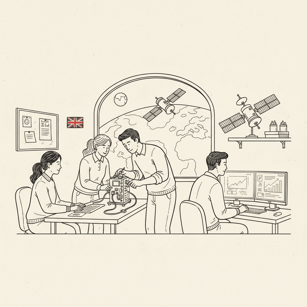 Pen-and-ink illustration of a small British technology team working on satellite systems, with a small Union Jack as the only coloured element