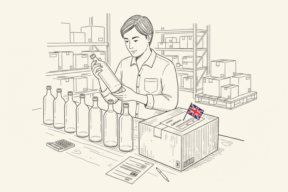 Pen-and-ink illustration of a small UK food producer checking glass jars and shipping documents, with a small Union Jack as the only coloured element