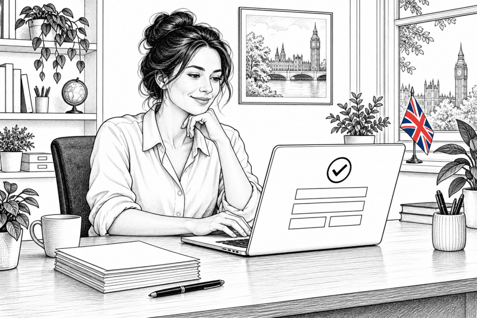 Pen-and-ink illustration of a sole trader at a laptop with paperwork and a small Union Jack as the only coloured element