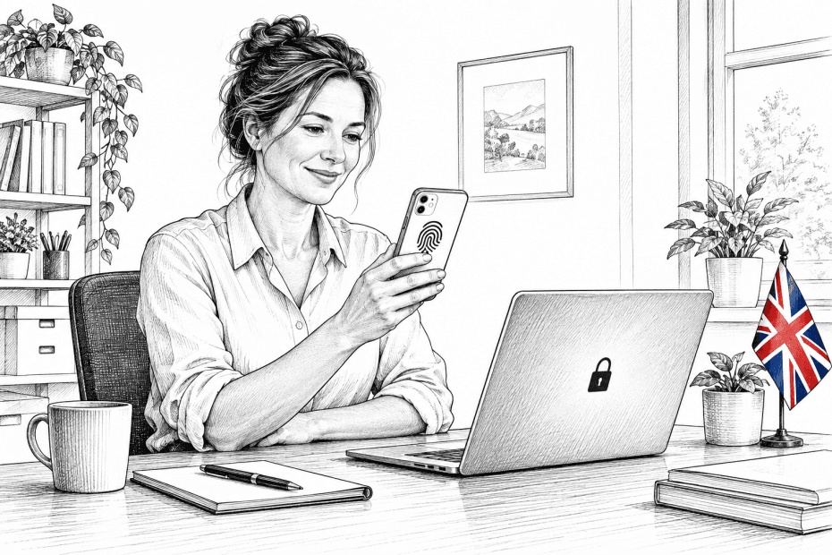 Pen-and-ink illustration of a small business owner with a smartphone and laptop, with a small Union Jack as the only coloured element
