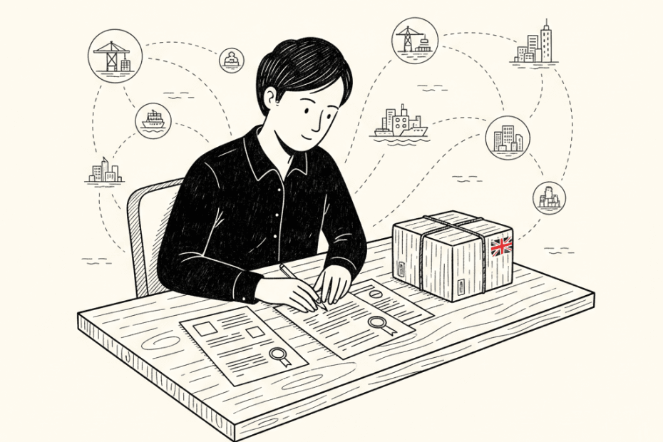 Pen-and-ink illustration of a small UK exporter reviewing shipping documents and Pacific trade routes, with a small Union Jack as the only coloured element