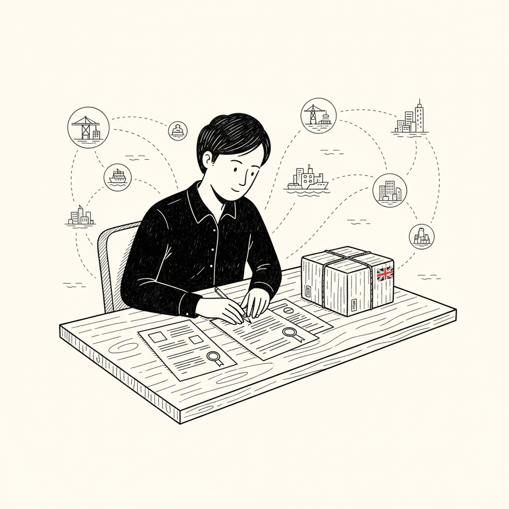 Pen-and-ink illustration of a small UK exporter reviewing shipping documents and Pacific trade routes, with a small Union Jack as the only coloured element