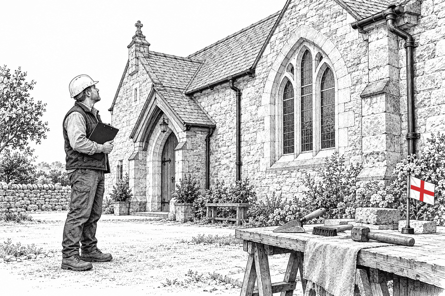 Pen-and-ink illustration of a conservation contractor inspecting a historic English stone building, with a small St George flag as the only coloured detail.