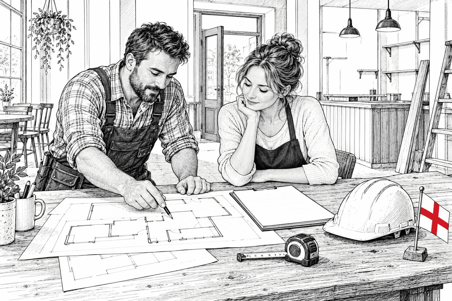 Pen-and-ink illustration of a small building contractor and cafe owner reviewing refit plans, with a small St George flag as the only coloured detail.