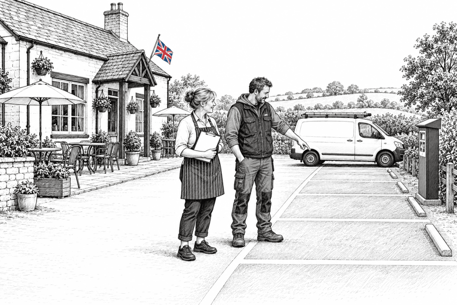 Pen-and-ink illustration of a cafe owner and visiting tradesperson checking a customer car park, with a small Union Jack as the only coloured detail.