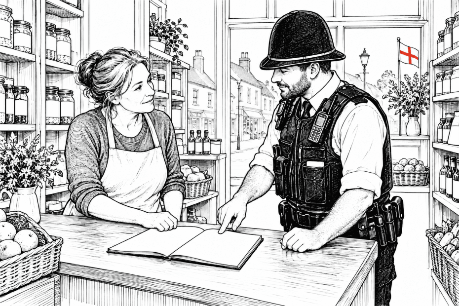 Pen-and-ink illustration of a shopkeeper and neighbourhood police officer reviewing a blank incident notebook in an English shop, with a small St George flag as the only coloured detail.