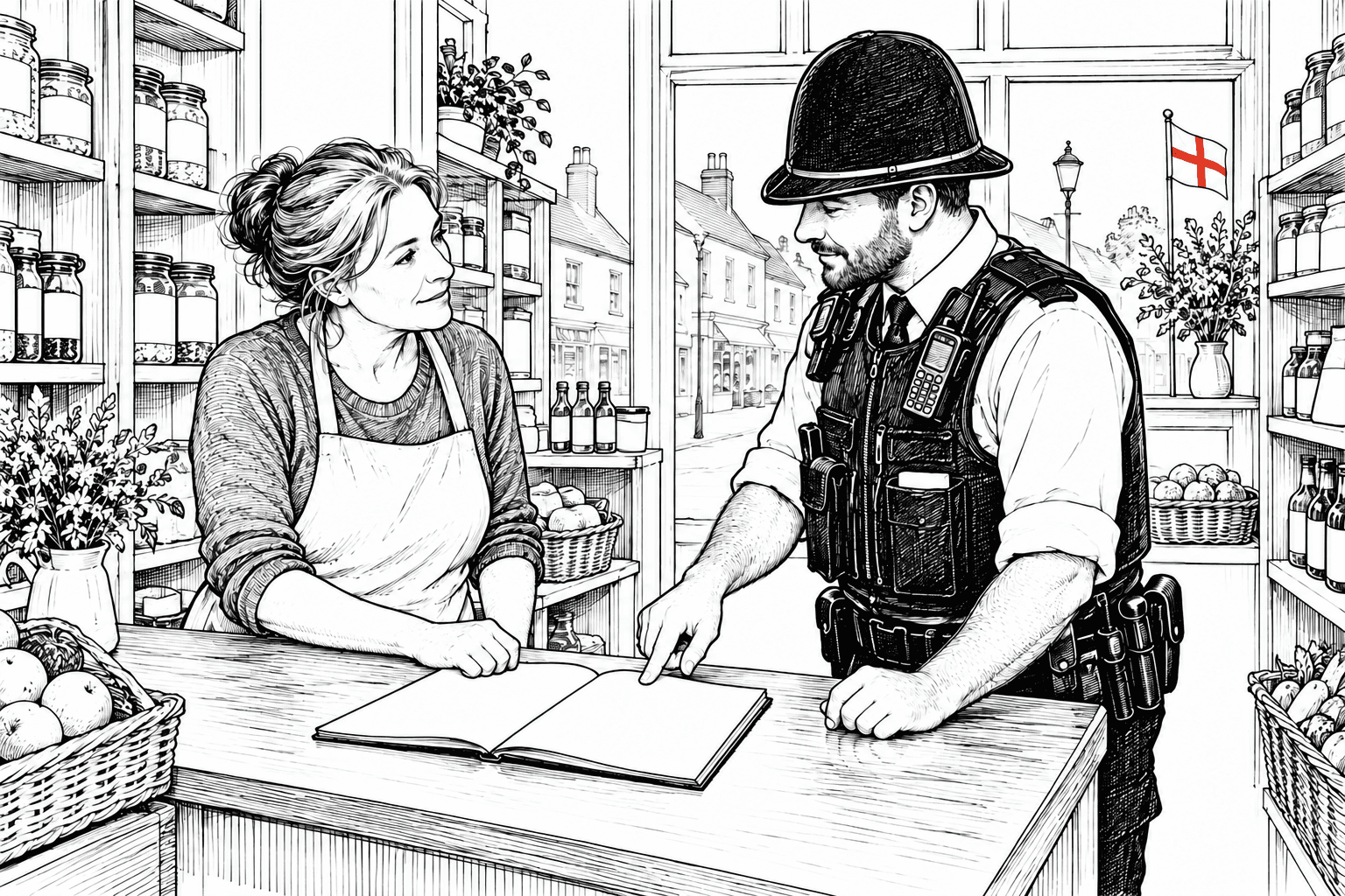 Pen-and-ink illustration of a shopkeeper and neighbourhood police officer reviewing a blank incident notebook in an English shop, with a small St George flag as the only coloured detail.