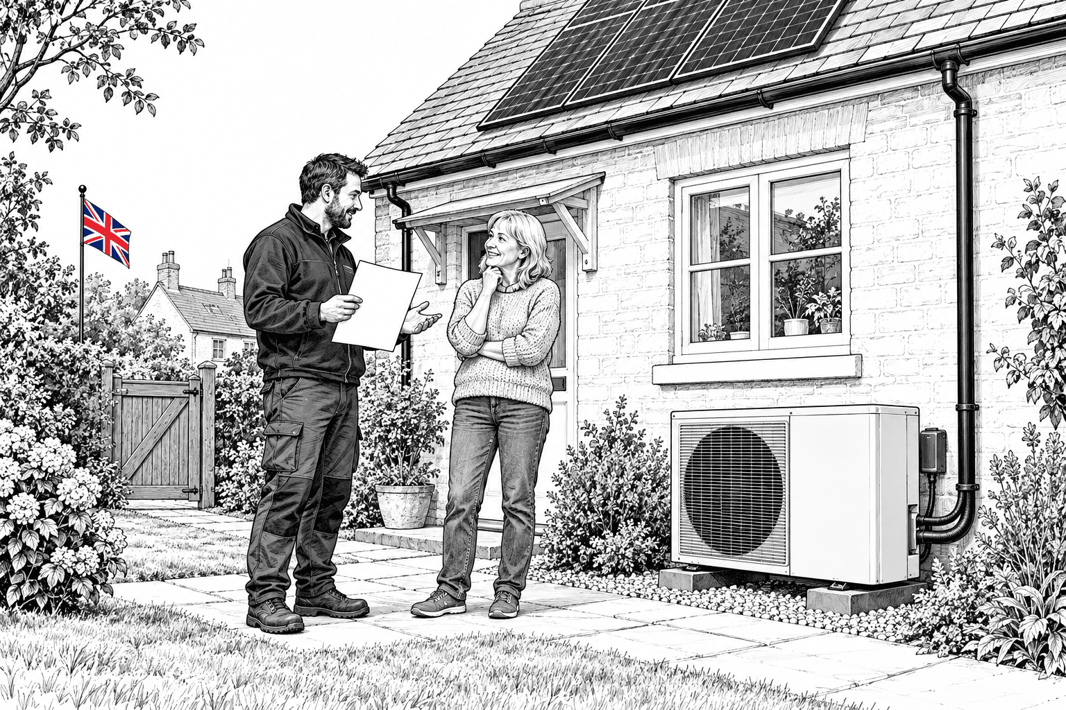 Pen-and-ink illustration of a small home-energy installer discussing a heat pump with a homeowner outside a British house, with a small Union Jack as the only coloured detail.