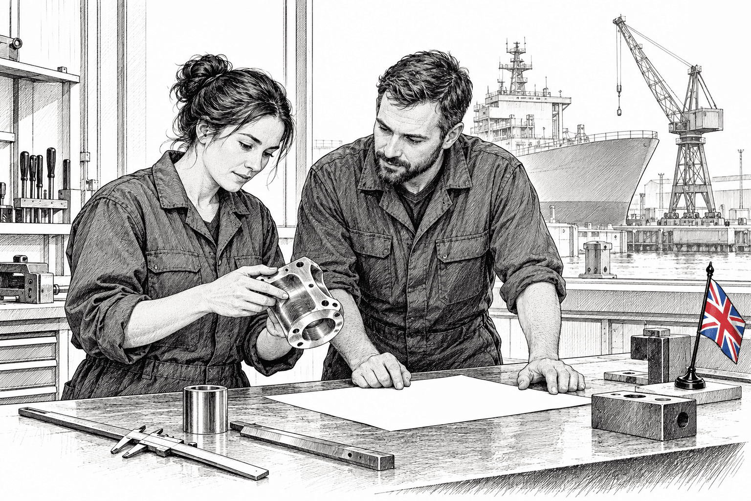 Pen-and-ink illustration of two small engineering-business people reviewing a metal component at a workshop bench, with a ship and crane outside and a small Union Jack as the only coloured detail.