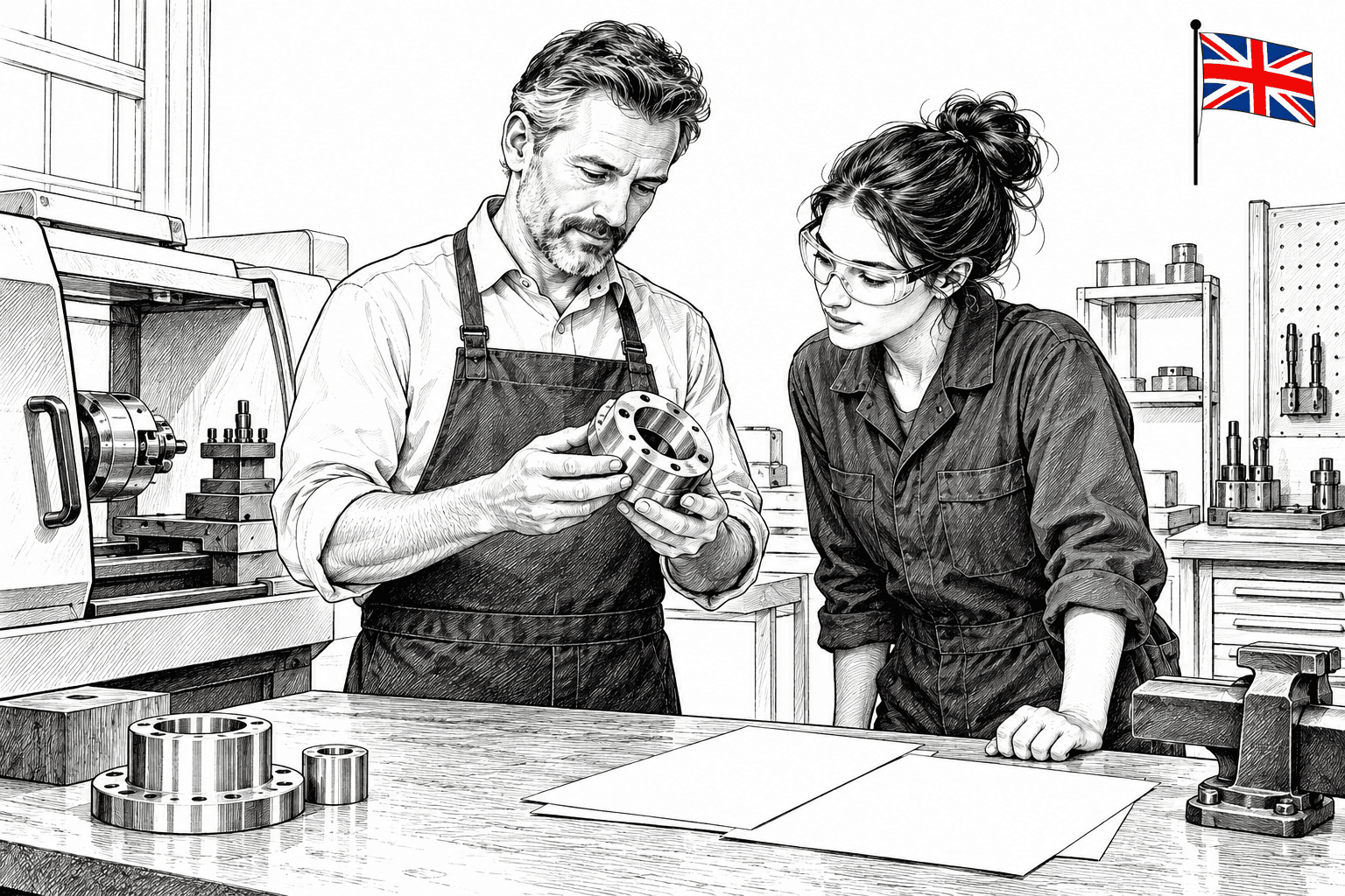 Pen-and-ink illustration of a small UK engineering workshop owner and engineer examining a metal component beside blank papers, with a small Union Jack as the only coloured detail.