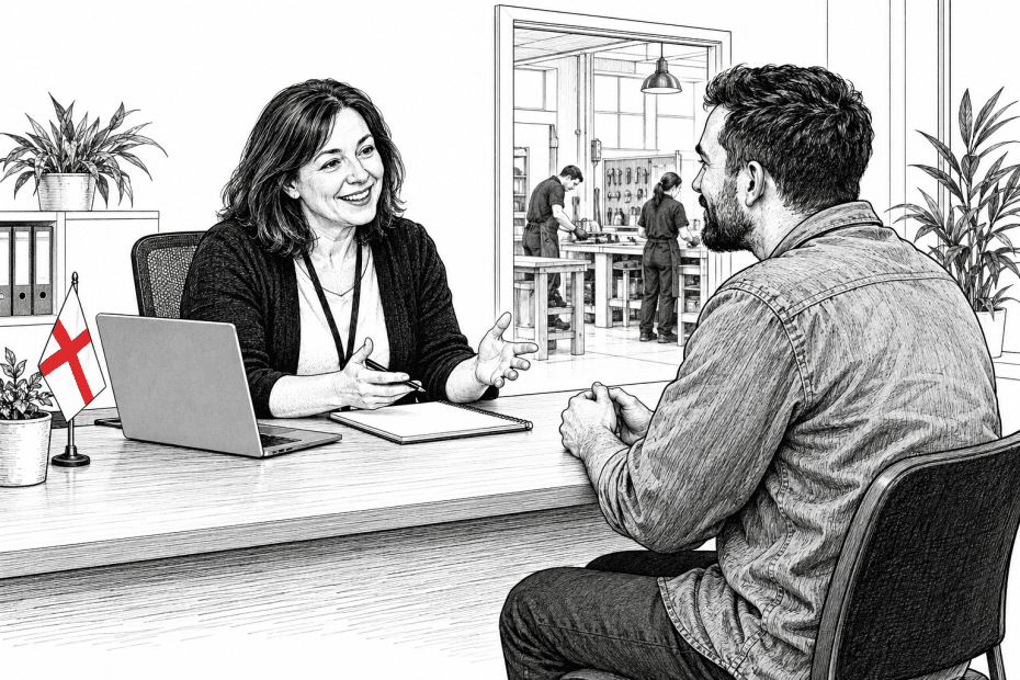 Pen-and-ink illustration of an adult careers adviser talking with a worker beside a workshop, with a small red and white St George flag.