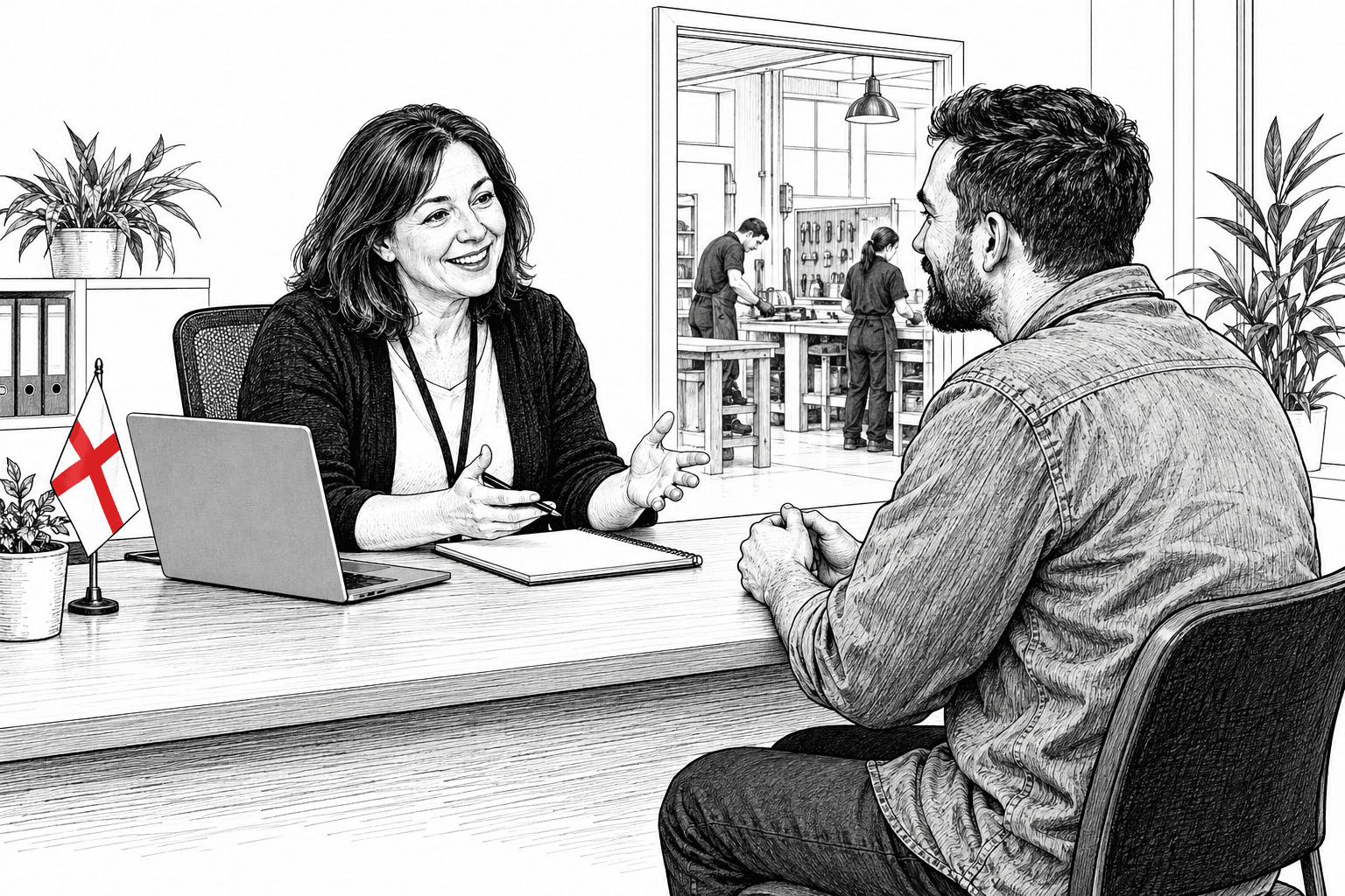Pen-and-ink illustration of an adult careers adviser talking with a worker beside a workshop, with a small red and white St George flag.
