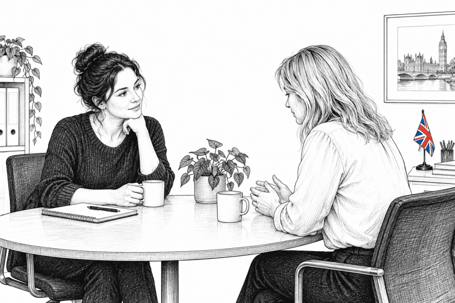 Pen-and-ink illustration of two colleagues having a quiet, supportive conversation in an office.