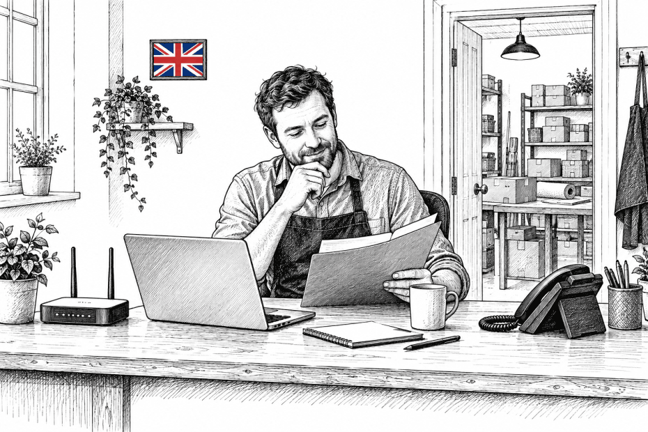 Pen-and-ink illustration of a small business owner reviewing a folder beside a laptop, broadband router and desk phone.