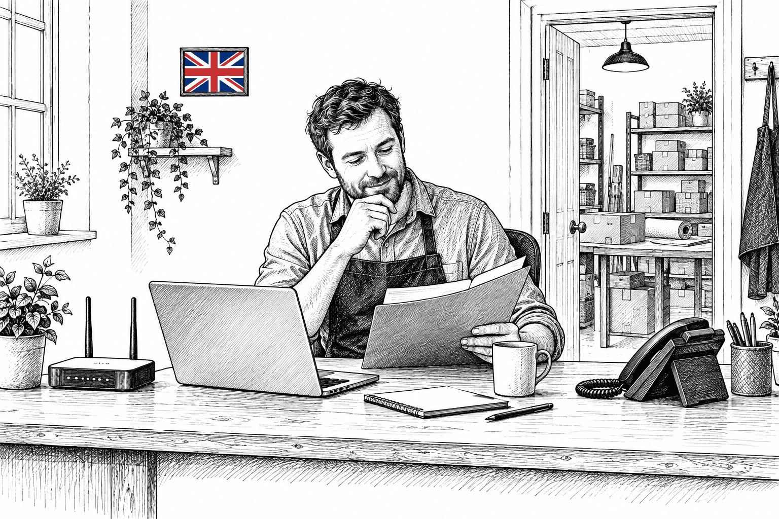 Pen-and-ink illustration of a small business owner reviewing a folder beside a laptop, broadband router and desk phone.