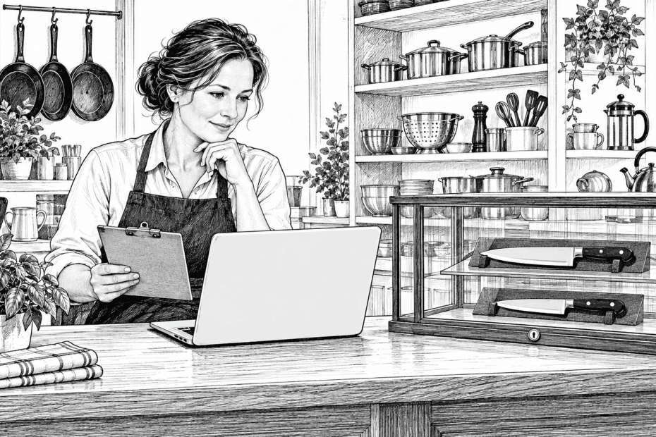 Pen-and-ink illustration of a kitchenware shop owner reviewing a laptop beside a secured glass display of kitchen knives.