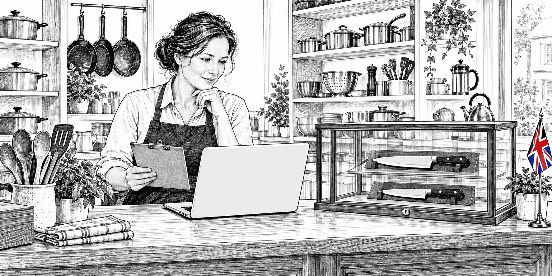 Pen-and-ink illustration of a kitchenware shop owner reviewing a laptop beside a secured glass display of kitchen knives.