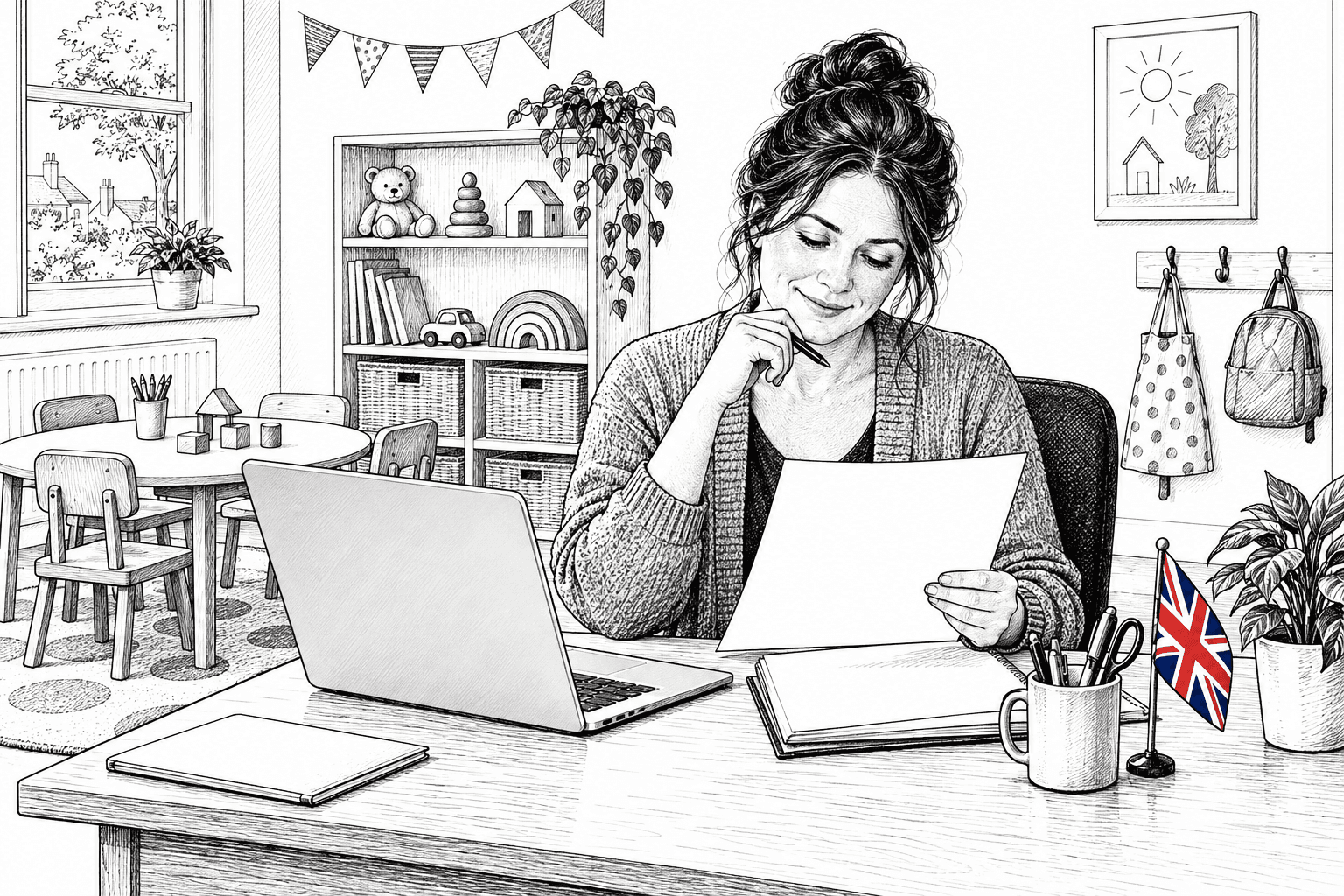 Pen-and-ink illustration of a childcare provider reviewing blank paperwork at a nursery desk, with a small Union Jack as the only coloured detail.