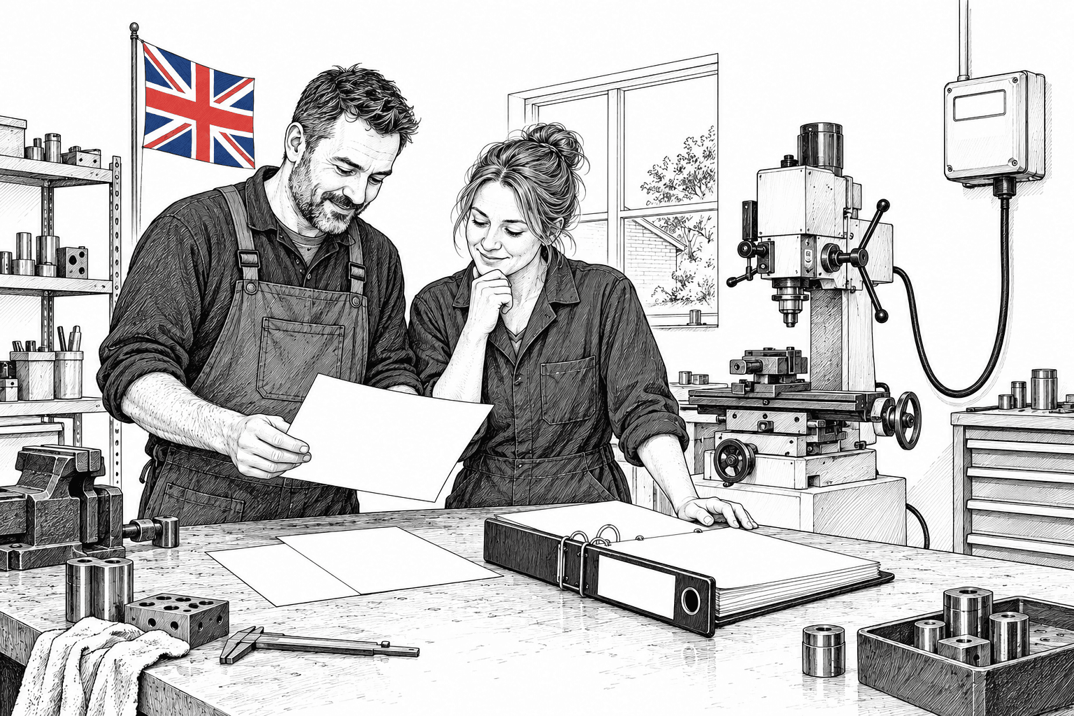 Pen-and-ink illustration of two small manufacturing colleagues reviewing blank paperwork in a workshop, with a small Union Jack as the only coloured detail